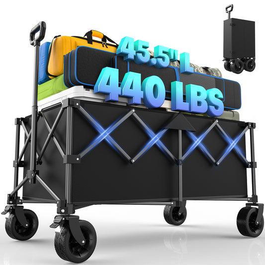 Kitsure Collapsible Wagon - Heavy Duty Foldable Wagon with 440lbs Capacity, Adjustable Handle, Shopping Cart with All Terrain Wheels for Camping, Groceries, Black, 45.5" x 24.0" x 38.0"