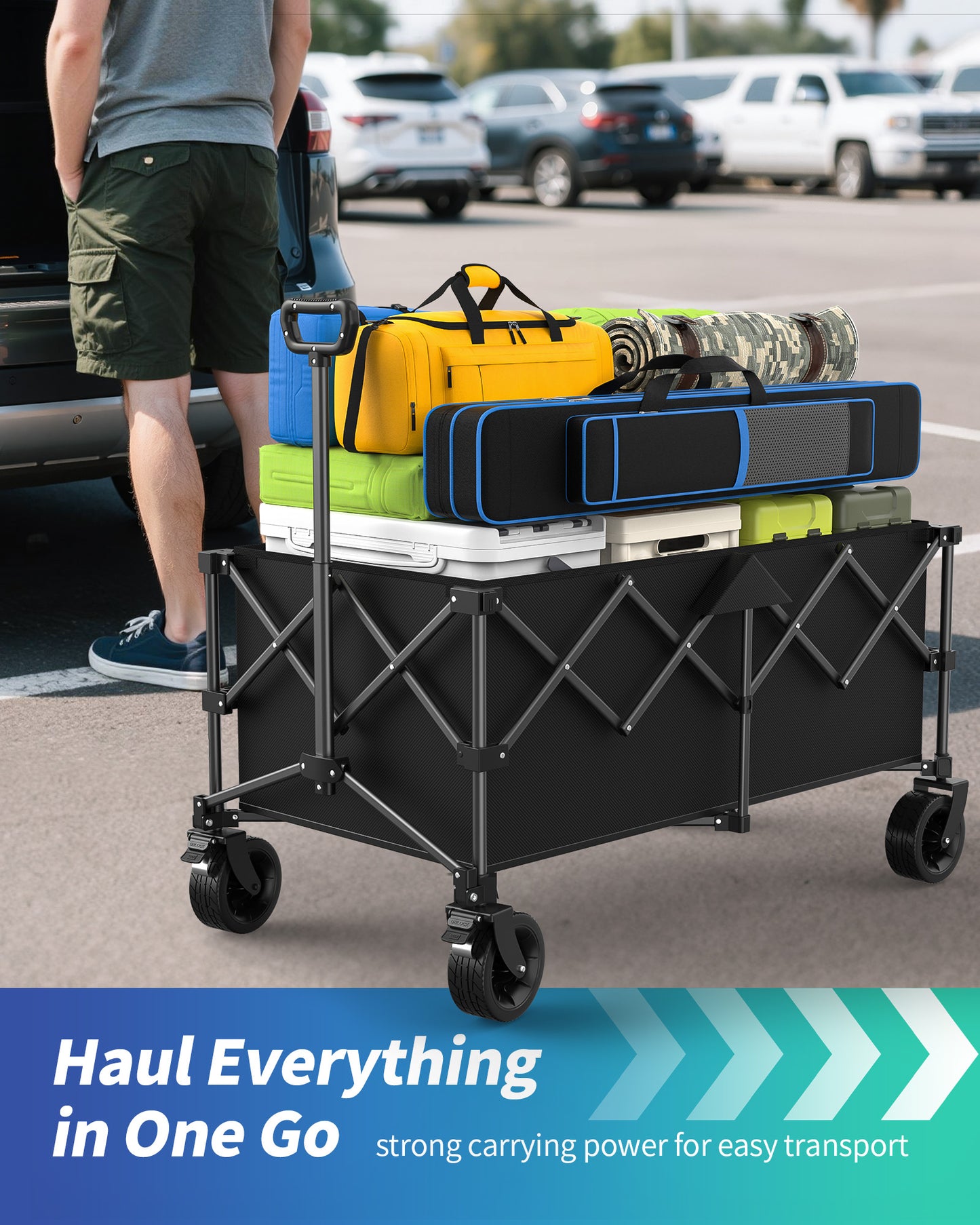 Kitsure Collapsible Wagon - Heavy Duty Foldable Wagon with 440lbs Capacity, Adjustable Handle, Shopping Cart with All Terrain Wheels for Camping, Groceries, Black, 45.5" x 24.0" x 38.0"