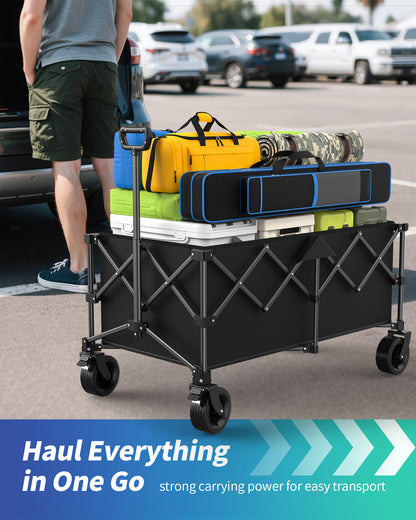 Kitsure Collapsible Wagon - Heavy Duty Foldable Wagon with 440lbs Capacity, Adjustable Handle, Shopping Cart with All Terrain Wheels for Camping, Groceries, Black, 45.5" x 24.0" x 38.0"
