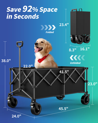 Kitsure Collapsible Wagon - Heavy Duty Foldable Wagon with 440lbs Capacity, Adjustable Handle, Shopping Cart with All Terrain Wheels for Camping, Groceries, Black, 45.5" x 24.0" x 38.0"