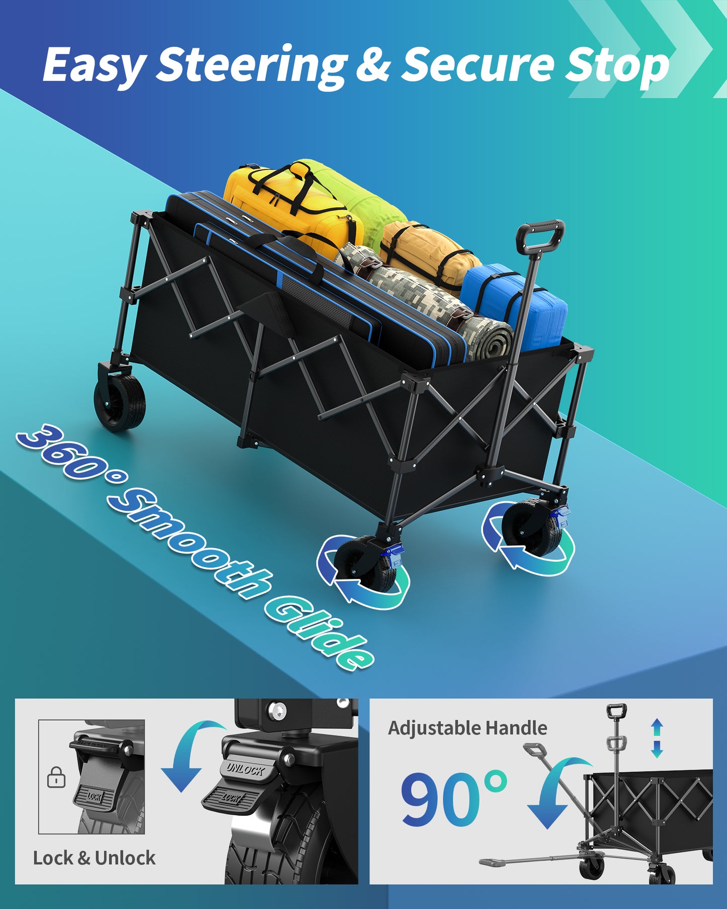Kitsure Collapsible Wagon - Heavy Duty Foldable Wagon with 440lbs Capacity, Adjustable Handle, Shopping Cart with All Terrain Wheels for Camping, Groceries, Black, 45.5" x 24.0" x 38.0"