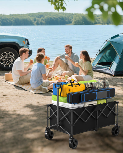 Kitsure Collapsible Wagon - Heavy Duty Foldable Wagon with 440lbs Capacity, Adjustable Handle, Shopping Cart with All Terrain Wheels for Camping, Groceries, Black, 45.5" x 24.0" x 38.0"