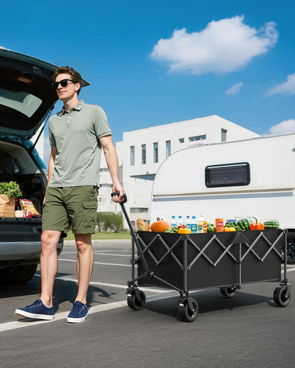 Kitsure Collapsible Wagon - Heavy Duty Foldable Wagon with 440lbs Capacity, Adjustable Handle, Shopping Cart with All Terrain Wheels for Camping, Groceries, Black, 45.5" x 24.0" x 38.0"
