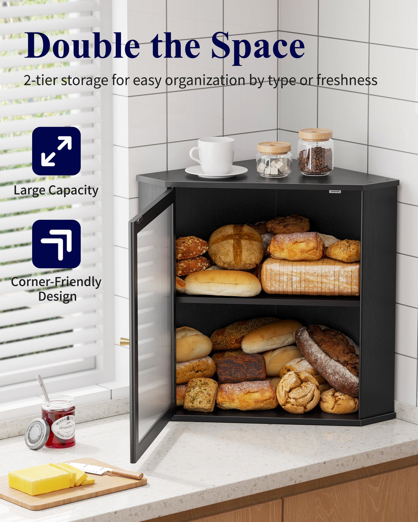 Kitsure Bread Box - 2-Tier Corner Bread Box for Kitchen Countertop with Magnetic Acrylic Door, Bamboo Kitchen Counter Organizer for Snacks, Loaves, Homemade Bread Storage, Black, 16.5"H