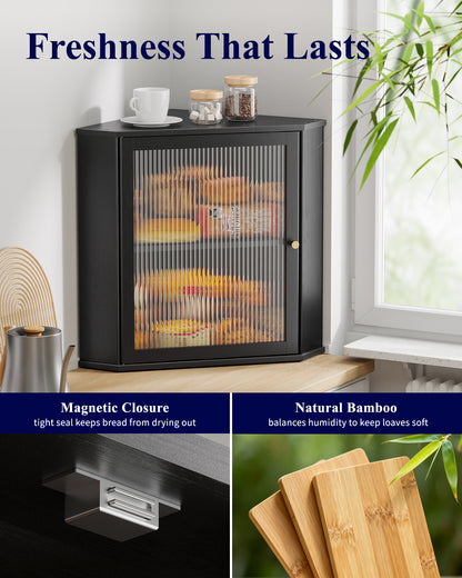 Kitsure Bread Box - 2-Tier Corner Bread Box for Kitchen Countertop with Magnetic Acrylic Door, Bamboo Kitchen Counter Organizer for Snacks, Loaves, Homemade Bread Storage, Black, 16.5"H