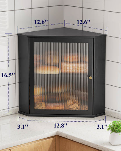 Kitsure Bread Box - 2-Tier Corner Bread Box for Kitchen Countertop with Magnetic Acrylic Door, Bamboo Kitchen Counter Organizer for Snacks, Loaves, Homemade Bread Storage, Black, 16.5"H