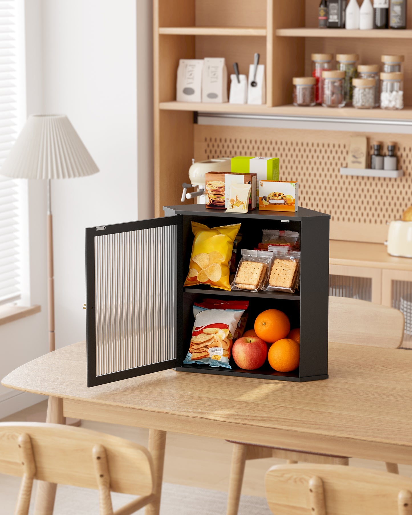Kitsure Bread Box - 2-Tier Corner Bread Box for Kitchen Countertop with Magnetic Acrylic Door, Bamboo Kitchen Counter Organizer for Snacks, Loaves, Homemade Bread Storage, Black, 16.5"H