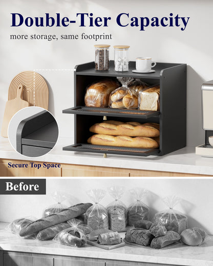 Kitsure Bread Box - 2-Tier Bamboo Bread Box for Kitchen Countertop, Bread Storage Container with Magnetic Acrylic Door, Pantry Organizers and Storage for Loaves, 15" x 9.8" x 13.2", Black