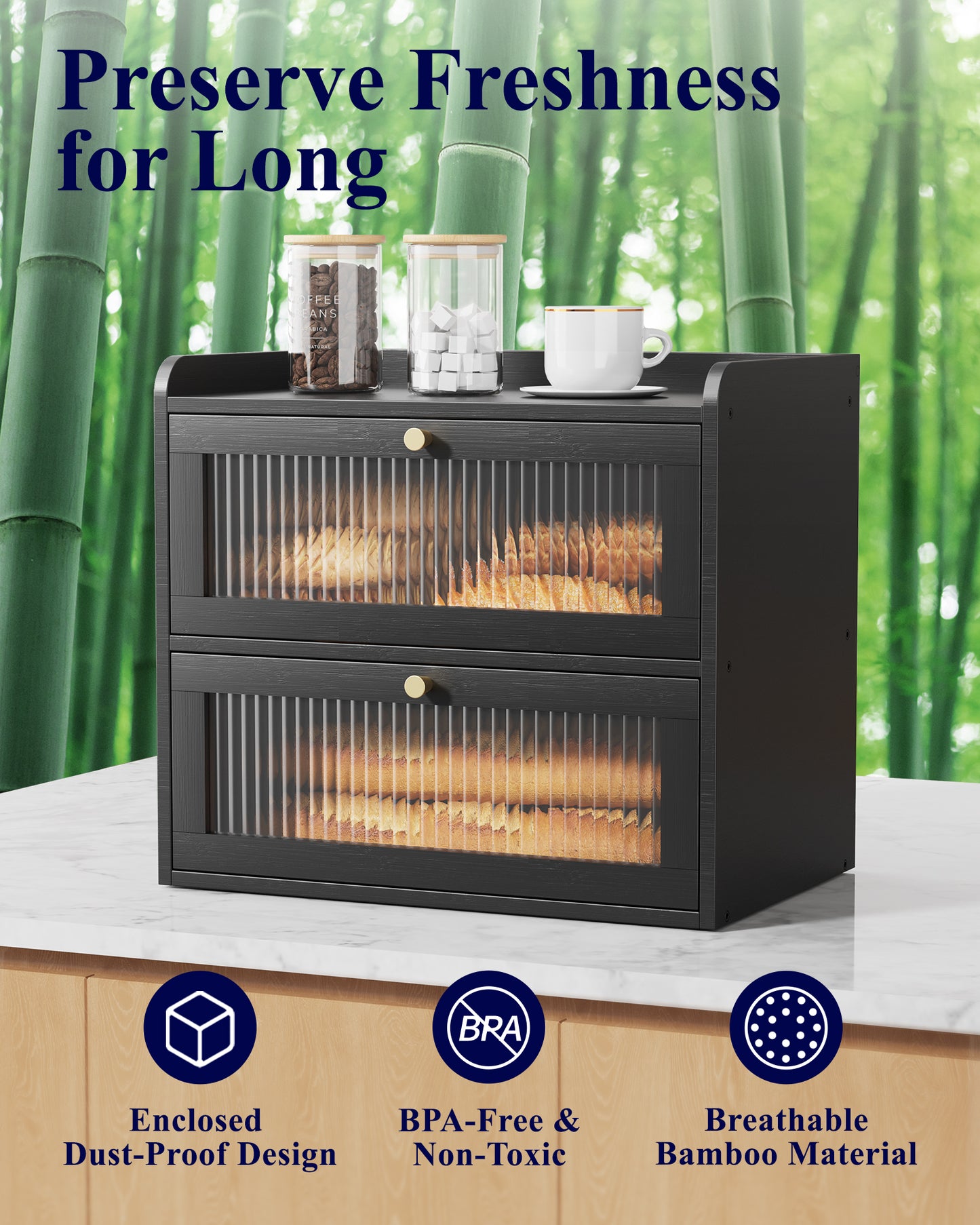 Kitsure Bread Box - 2-Tier Bamboo Bread Box for Kitchen Countertop, Bread Storage Container with Magnetic Acrylic Door, Pantry Organizers and Storage for Loaves, 15" x 9.8" x 13.2", Black