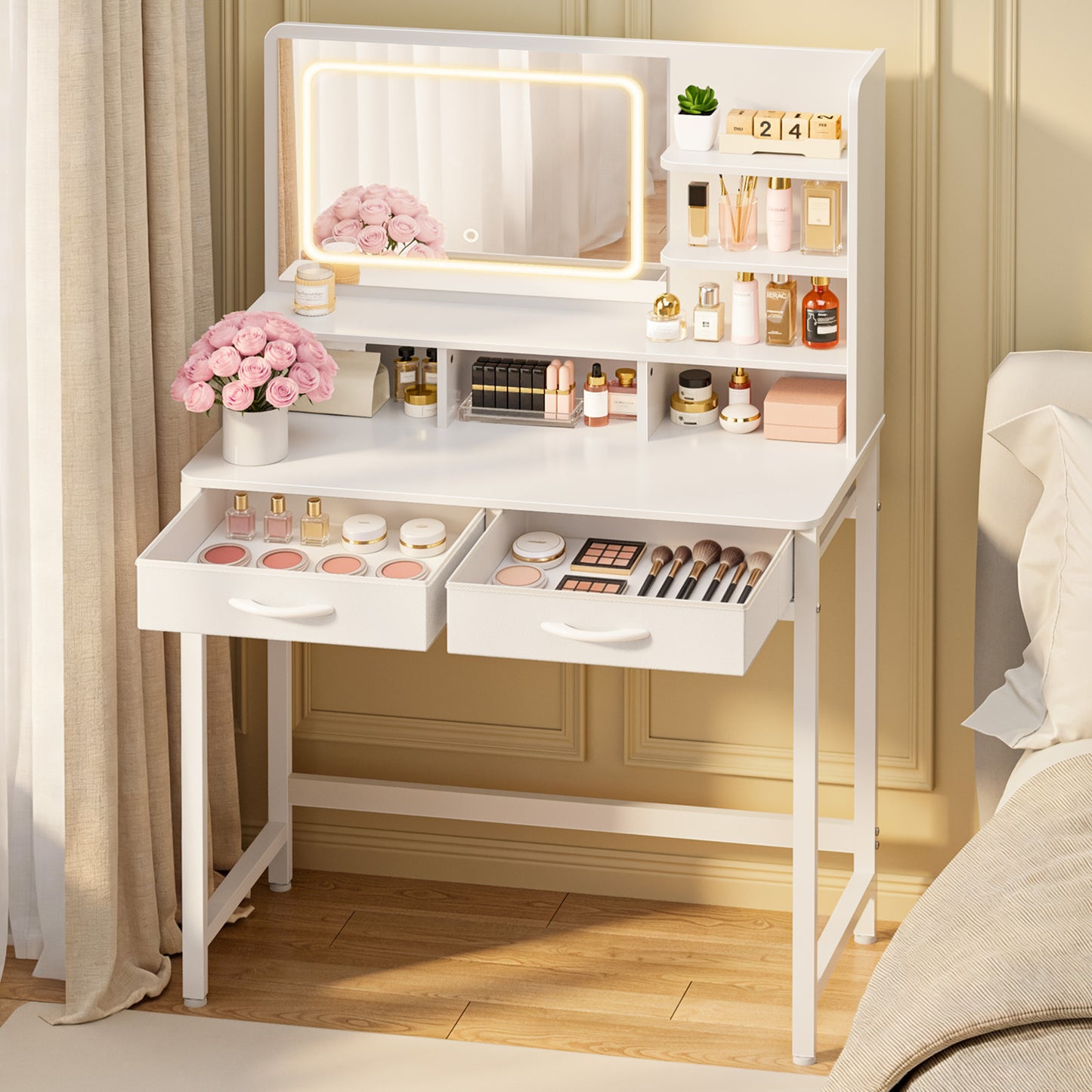 Kitsure Vanity Desk with Mirror and Lights - Small Makeup Vanity with 3 Lighting Modes, Stable Small Vanity with Fabric Drawers & Shelves for Bedroom & Gifting Use, White, 31.5" x 15.8" x 51.2"