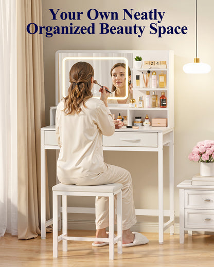 Kitsure Vanity Desk with Mirror and Lights - Small Makeup Vanity with 3 Lighting Modes, Stable Small Vanity with Fabric Drawers & Shelves for Bedroom & Gifting Use, White, 31.5" x 15.8" x 51.2"