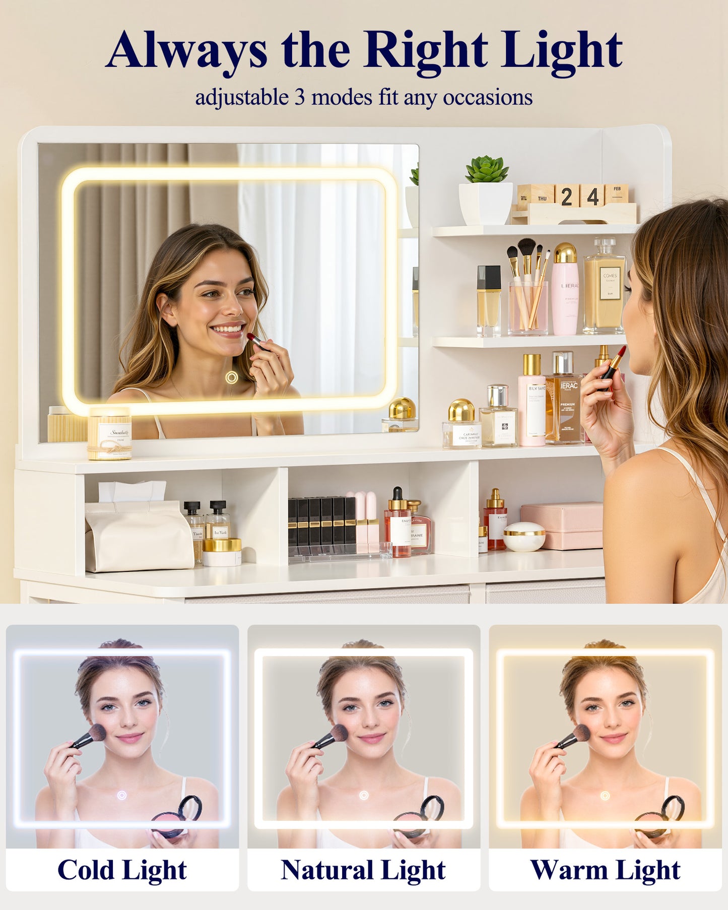Kitsure Vanity Desk with Mirror and Lights - Small Makeup Vanity with 3 Lighting Modes, Stable Small Vanity with Fabric Drawers & Shelves for Bedroom & Gifting Use, White, 31.5" x 15.8" x 51.2"