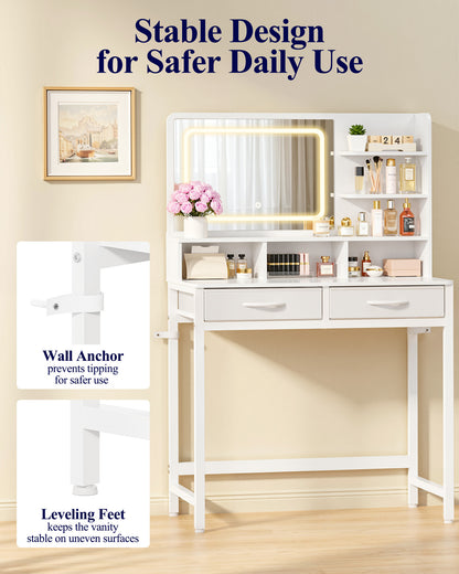 Kitsure Vanity Desk with Mirror and Lights - Small Makeup Vanity with 3 Lighting Modes, Stable Small Vanity with Fabric Drawers & Shelves for Bedroom & Gifting Use, White, 31.5" x 15.8" x 51.2"