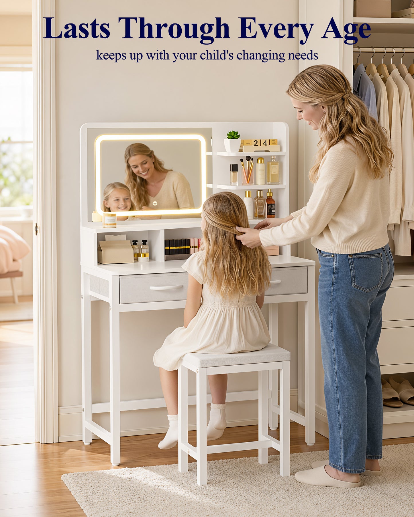 Kitsure Vanity Desk with Mirror and Lights - Small Makeup Vanity with 3 Lighting Modes, Stable Small Vanity with Fabric Drawers & Shelves for Bedroom & Gifting Use, White, 31.5" x 15.8" x 51.2"