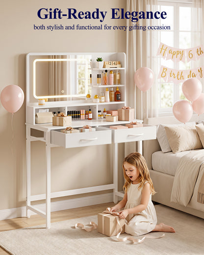 Kitsure Vanity Desk with Mirror and Lights - Small Makeup Vanity with 3 Lighting Modes, Stable Small Vanity with Fabric Drawers & Shelves for Bedroom & Gifting Use, White, 31.5" x 15.8" x 51.2"