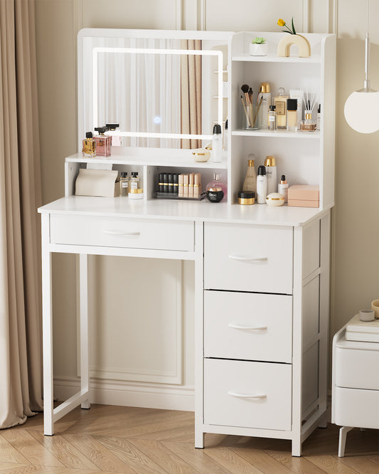 Kitsure Makeup Vanity with Mirror and Lights, White Vanity Desk with Drawers & Shelves, Versatile Small Vanity for Bedroom, 35.4" x 17.7" x 52.4"