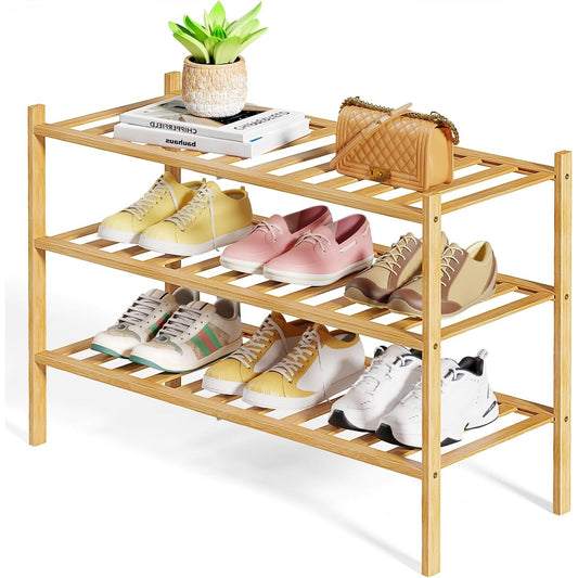 Kitsure Bamboo Wooden Shoe Rack for Closet - Stackable Shoe Organizer with Modular Structure, Space-Saving Shoe Shelf for Entryway, Living Room, Bedroom, 26.8" x 11" x 18.9", Natural