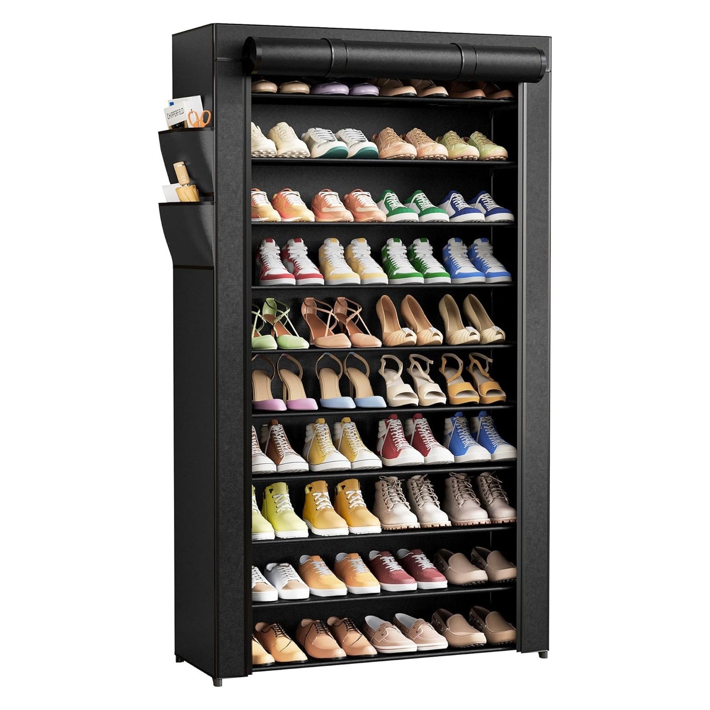 Kitsure Shoe Rack - 10-Tier Shoe Organizer with Zippered Dust Cover & Side Pockets, Easy to Assemble, Space Saving Shoe Rack for Closet, Entryway, Living Room, 33" x 12.4" x 69.3", Black