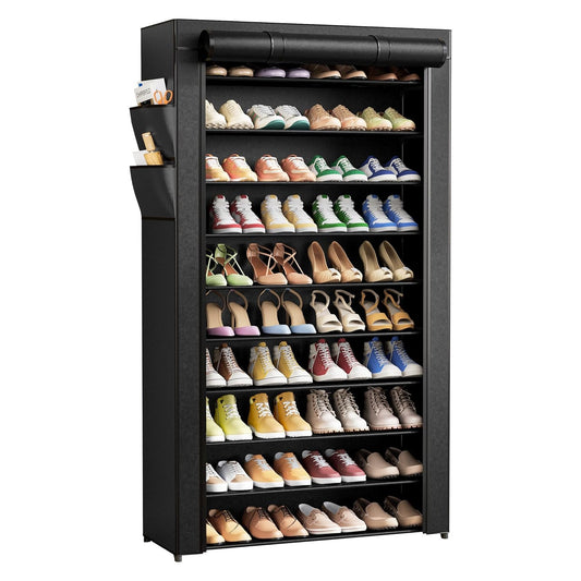 Kitsure Shoe Rack - 10-Tier Shoe Organizer with Zippered Dust Cover & Side Pockets, Easy to Assemble, Space Saving Shoe Rack for Closet, Entryway, Living Room, 33" x 12.4" x 69.3", Black