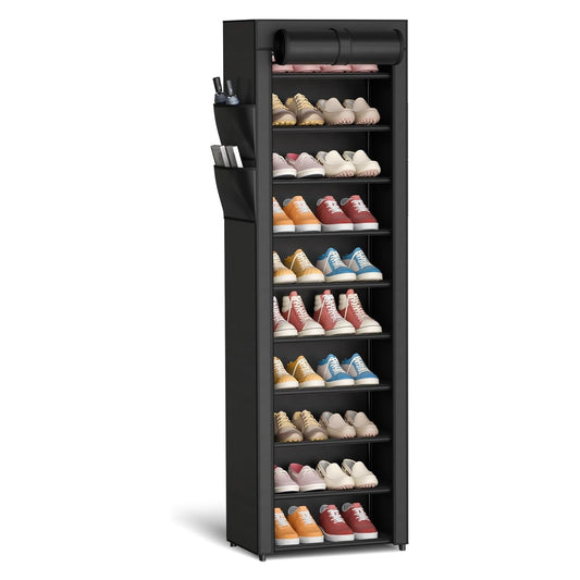Kitsure Shoe Rack - 10-Tier Large Capacity Shoe Organizer Shelf with Dust Cover & Side Pockets, Rust-Proof Metal Shoe Rack for Closet, Entrance, Living Room, 17.5" x 12.4" x 69.3", Black