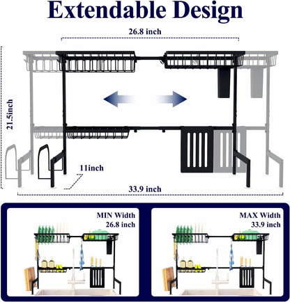 Kitsure Over The Sink Dish Drying Rack - 30.0" to 33.9" x 21.5", Adjustable Sink Drying Rack for Kitchen Sink with Multifunctional Baskets, Black