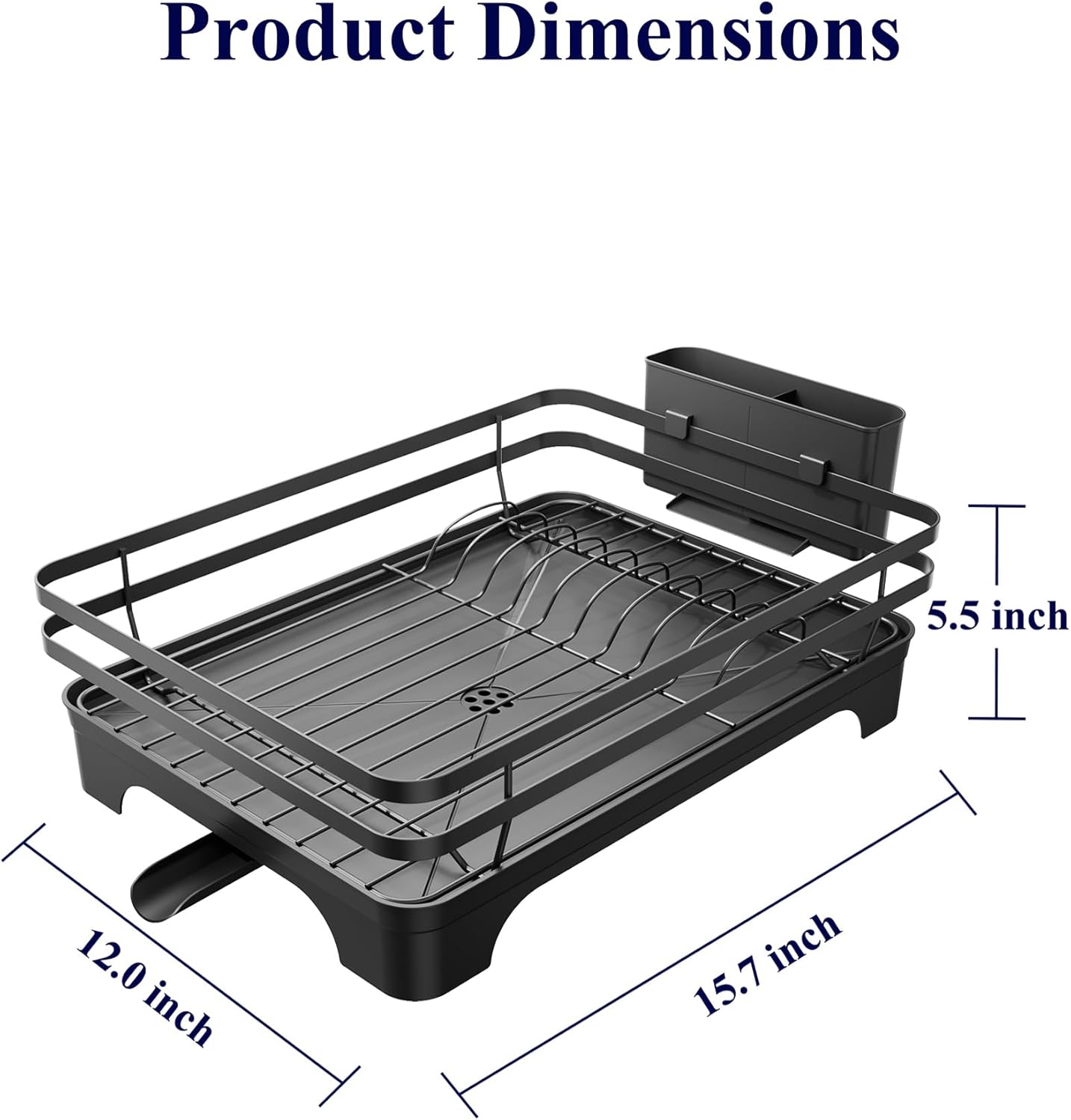 Kitsure Dish Drying Rack - Multi-Functional Dish Rack for Kitchen Counter with Cutlery Holder, Rust-Proof Storage Solution with Rotatable, 15.7" x 12.0" x 5.5", Black
