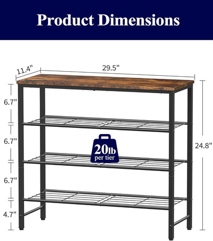 Kitsure Shoe Rack for Closet, Rustic Brown Shoe Organizer with Leveling Feet, Sturdy & Rust-Proof Shoe Storage for Entryway, Bedroom, Living Room, 29.5" x 11.4" x 24.8", Brown