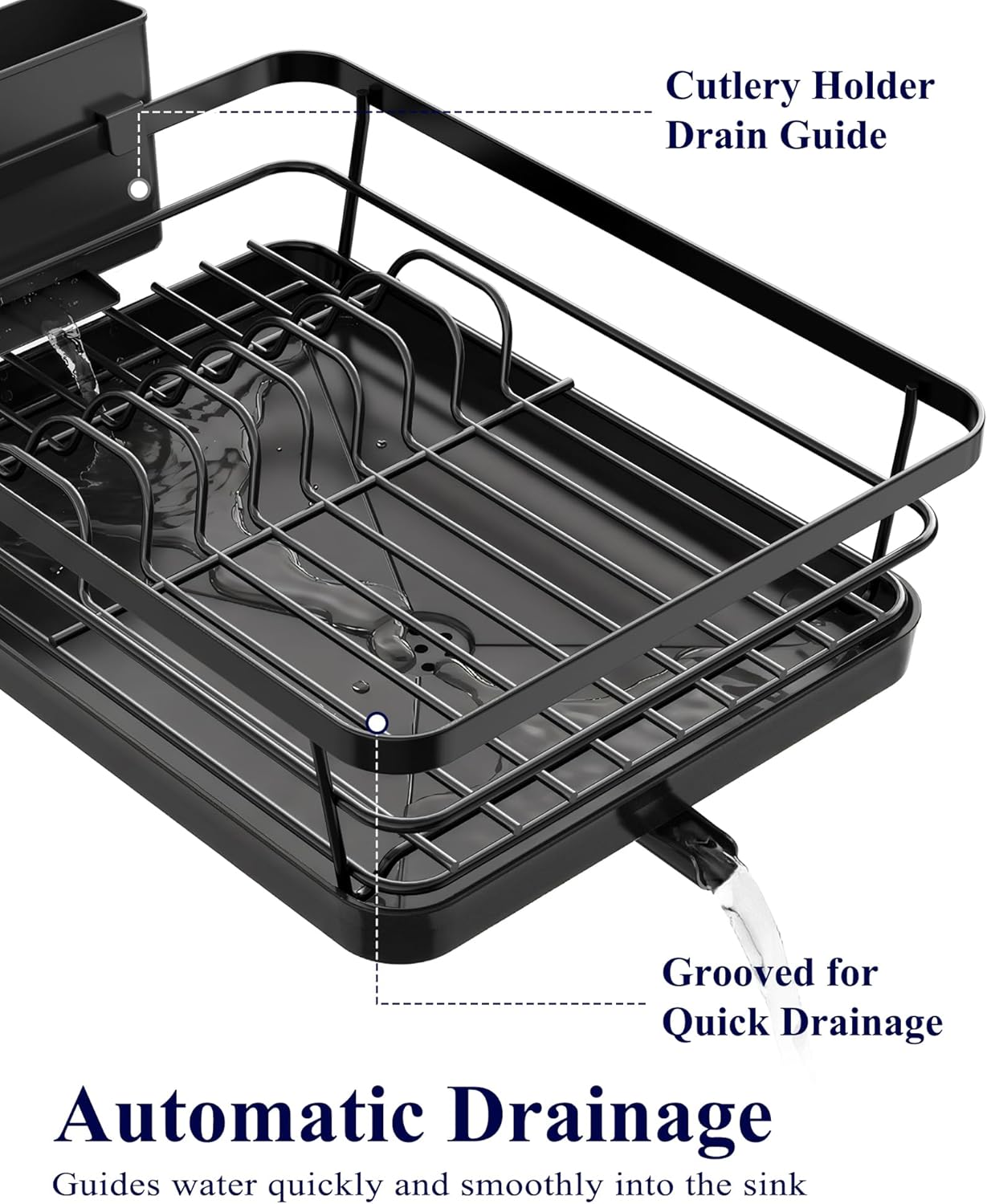 Kitsure Dish Drying Rack for Kitchen Counter, Stainless Steel Sink Organization and Storage Essentials with Cutlery Holder, Home and Appartment Decor, 12''W x 15.5''L, Black