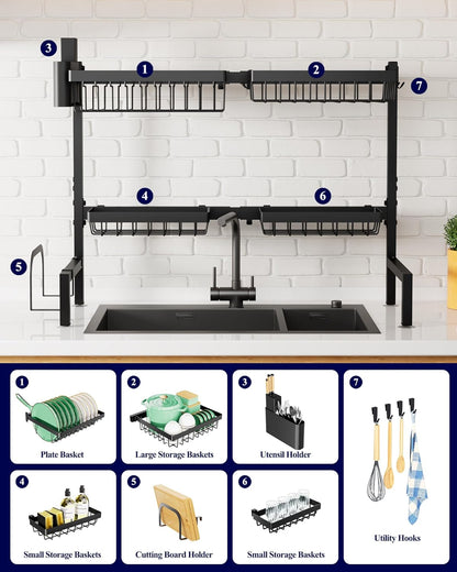 Kitsure Over The Sink Dish Drying Rack - 30.0" to 33.9" x 21.5", Adjustable Sink Drying Rack for Kitchen Sink with Multifunctional Baskets, Black