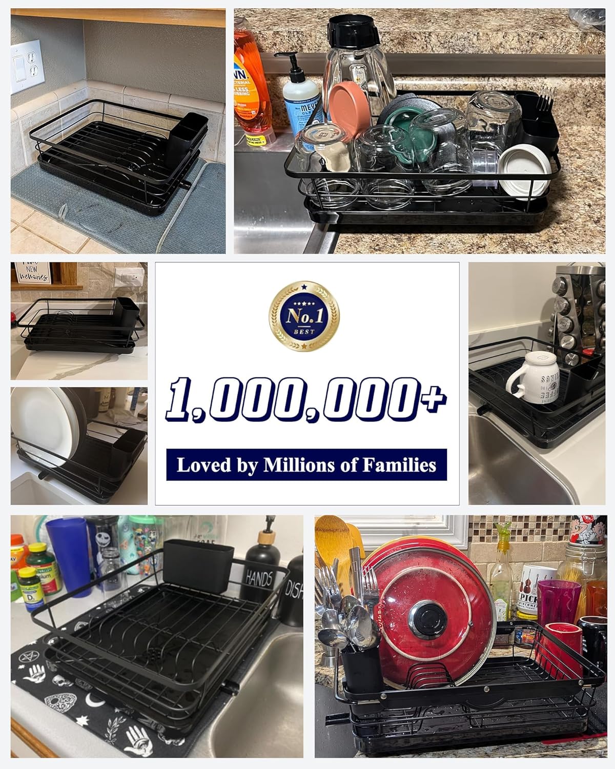 Kitsure Dish Drying Rack for Kitchen Counter, Stainless Steel Sink Organization and Storage Essentials with Cutlery Holder, Home and Appartment Decor, 12''W x 15.5''L, Black