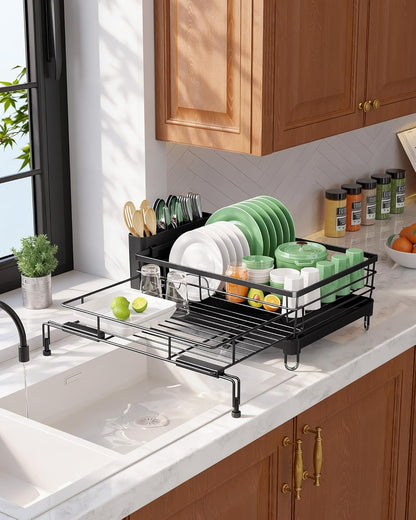 Kitsure Extendable Dish Drying Rack - Rust-Resistant Dish Racks for Kitchen Counter with Adjustable Support Legs, Cutlery Holder & Removable Draining Tray (Black, 15.6''-25.2''L × 16.9''W × 8.1''H)