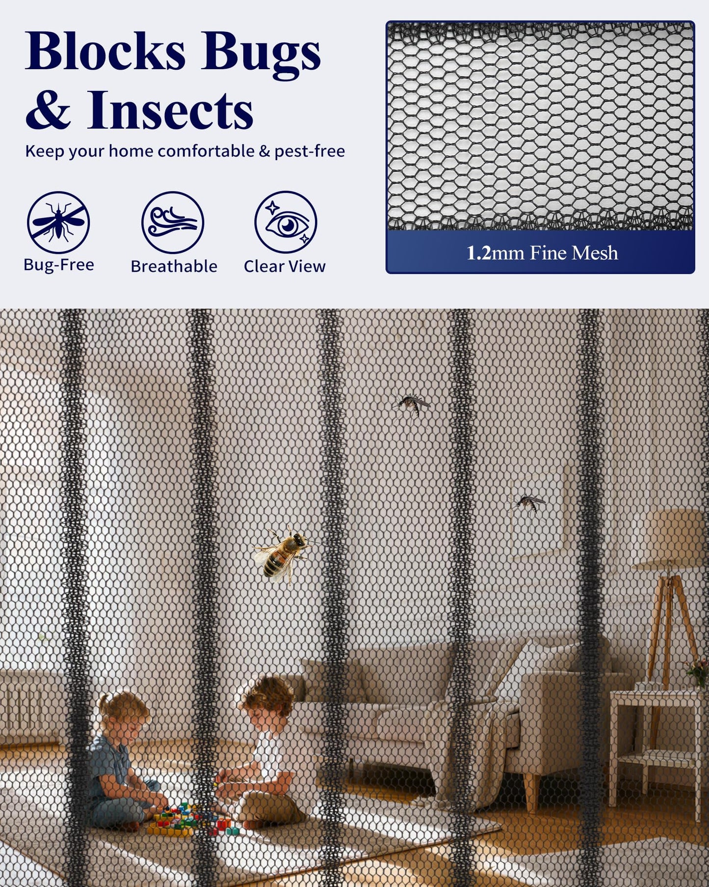 Kitsure Magnetic Screen Door - 38.0 x 82.0 in Retractable Screen Door Mesh for Front Door or Sliding Door, Pet & Kid Friendly, Hands-Free Closure Keeps Bugs Out & Lets Breeze in, Stripe Black