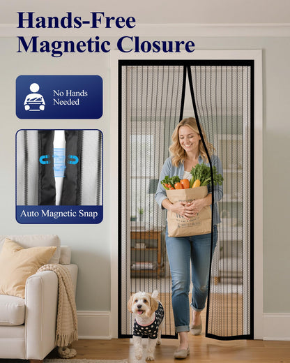 Kitsure Magnetic Screen Door - 38.0 x 82.0 in Retractable Screen Door Mesh for Front Door or Sliding Door, Pet & Kid Friendly, Hands-Free Closure Keeps Bugs Out & Lets Breeze in, Stripe Black