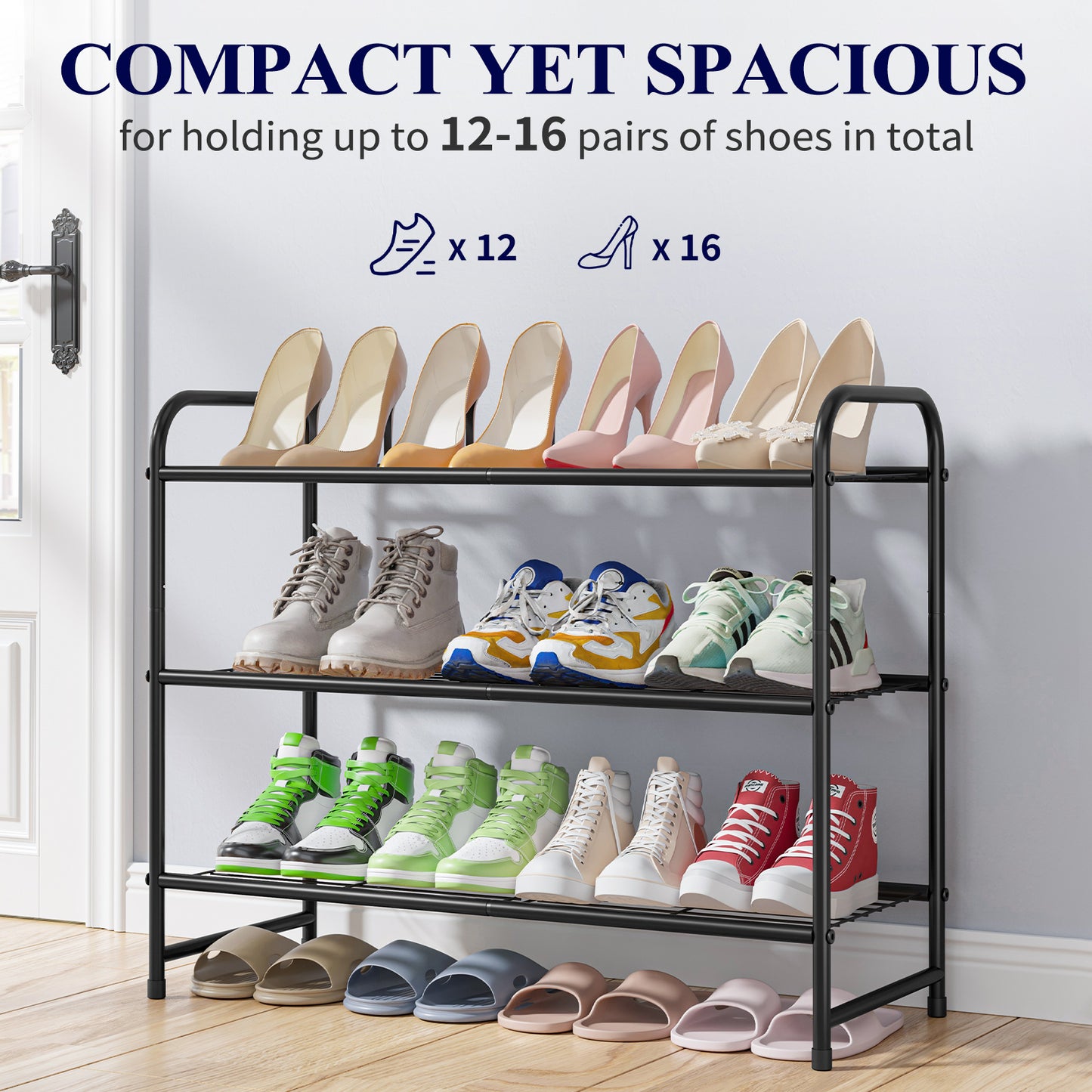 Kitsure 3-Tier Metal Shoe Rack, Stackable for Closet, Entryway, Living Room, Garage, Holds Up to 16 Pairs, Black