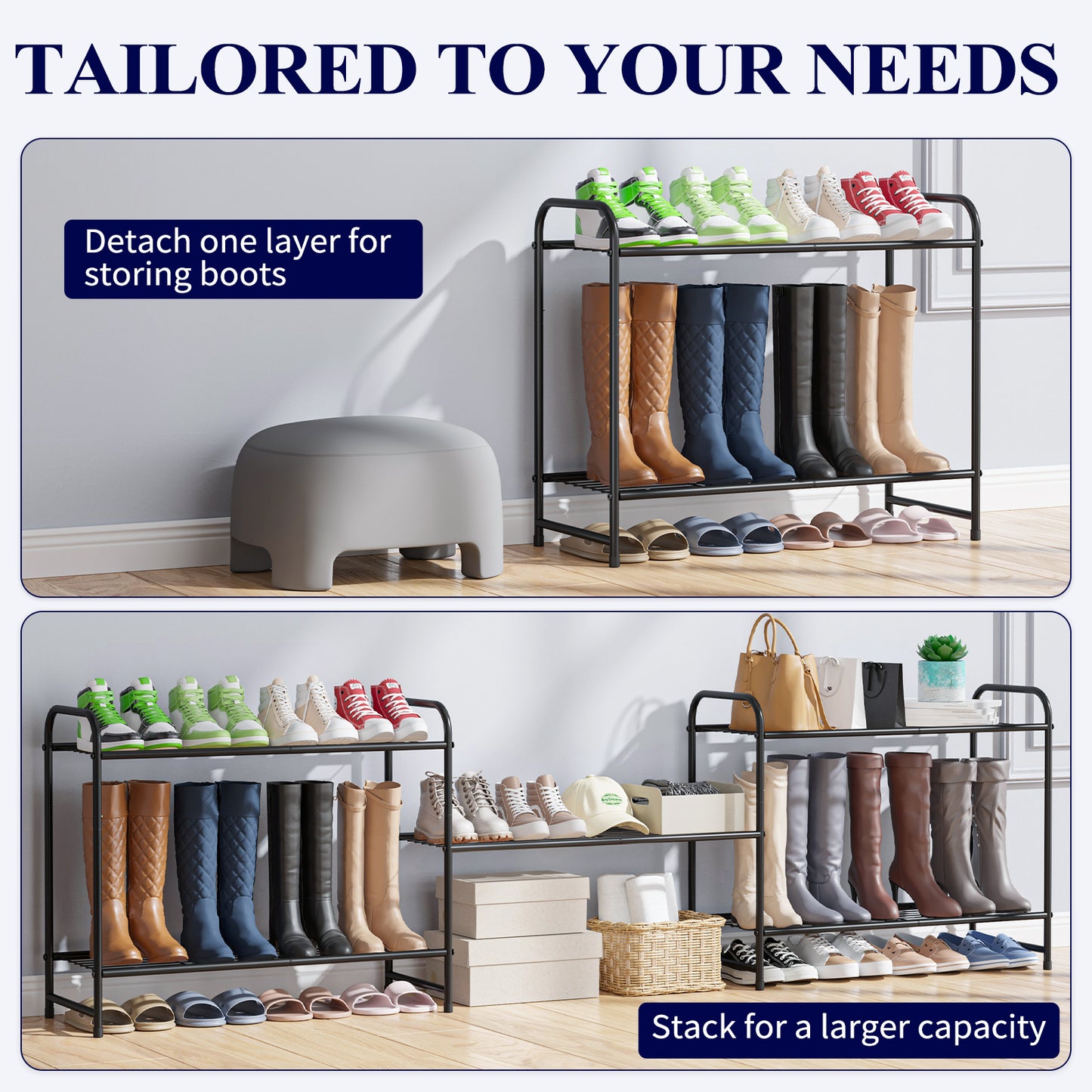 Kitsure 3-Tier Metal Shoe Rack, Stackable for Closet, Entryway, Living Room, Garage, Holds Up to 16 Pairs, Black
