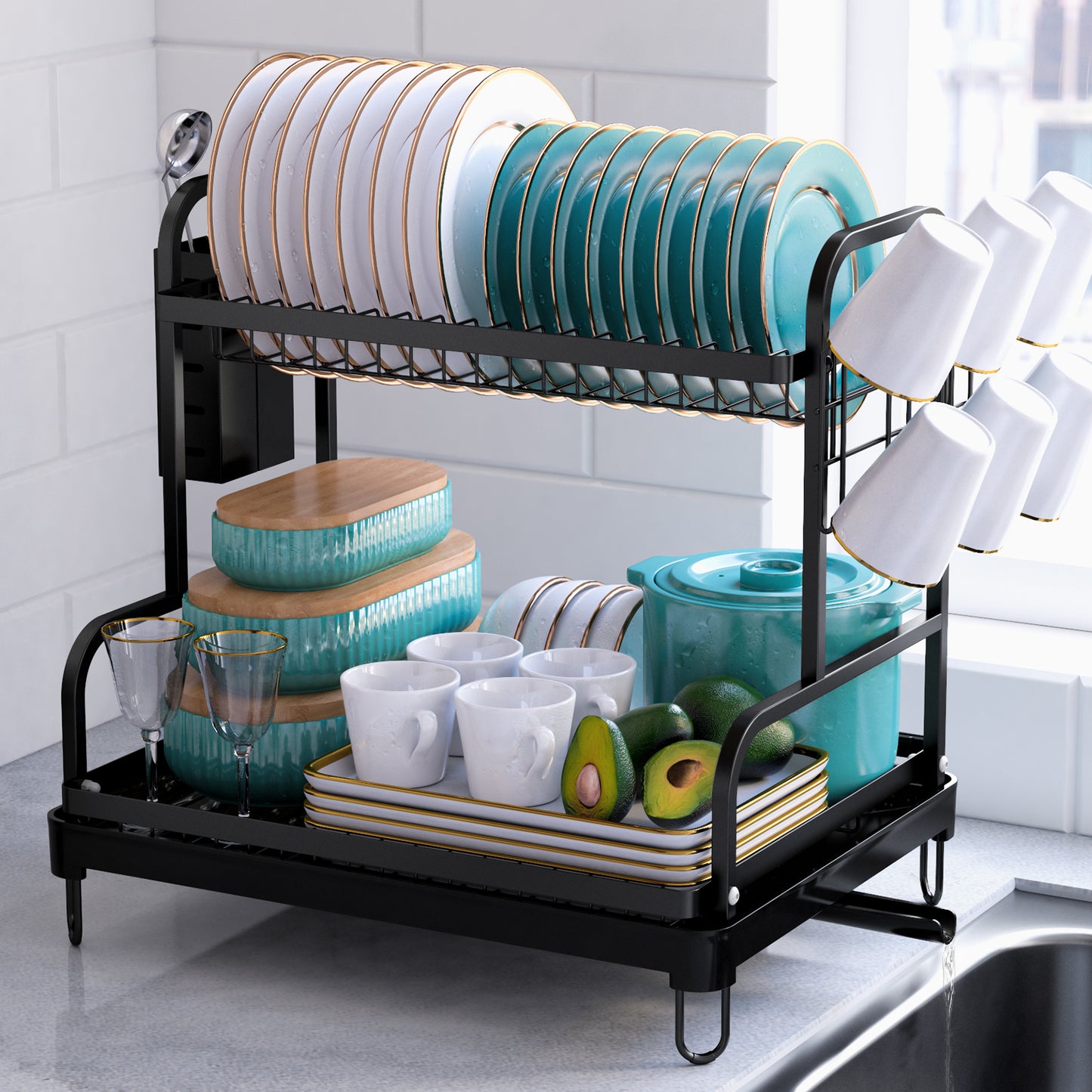 Kitsure Dish Drying Rack - Multipurpose 2-Tier Dish Rack, Dish Drainers for Kitchen Counter, Large-Capacity Dish Dryer, Kitchen Drying Rack for Dishes w/Cutlery Holder 4064BL（4064）