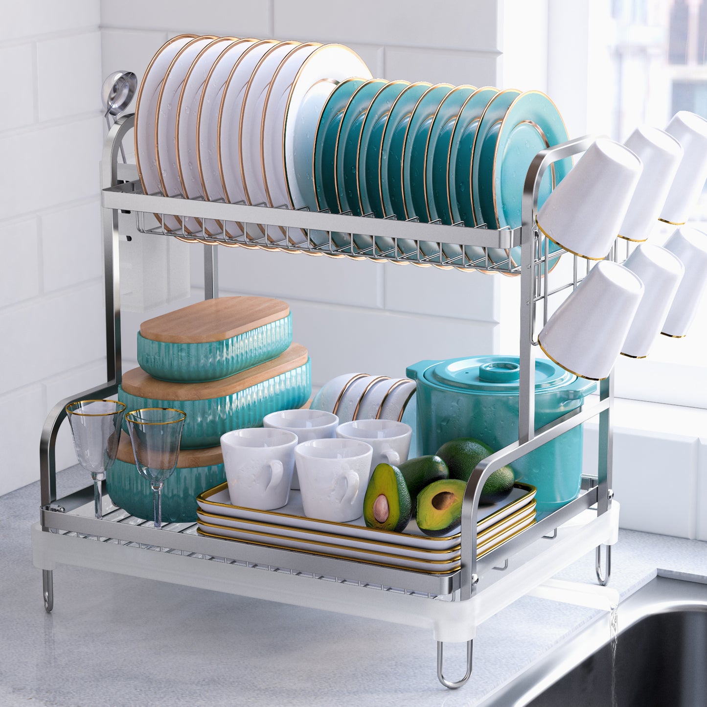 Kitsure Dish Drying Rack - Multipurpose 2-Tier Dish Rack, Dish Drainers for Kitchen Counter, Large-Capacity Dish Dryer, Kitchen Drying Rack for Dishes w/Cutlery Holder 4064BL（4064）