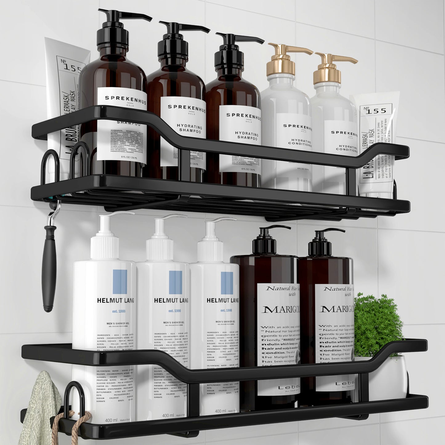 Kitsure Shower Caddy, Max Size - 12.6'' x 4.7'' x 2.4'' No Drilling Shower Organizer with 8 Hooks, Rustproof Stainless Steel Shower Shelf for Inside Shower, Shower Rack for Bathroom, Black - 2 Pack（467）