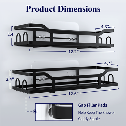 Kitsure Shower Caddy, Max Size - 12.6'' x 4.7'' x 2.4'' No Drilling Shower Organizer with 8 Hooks, Rustproof Stainless Steel Shower Shelf for Inside Shower, Shower Rack for Bathroom, Black - 2 Pack（467）